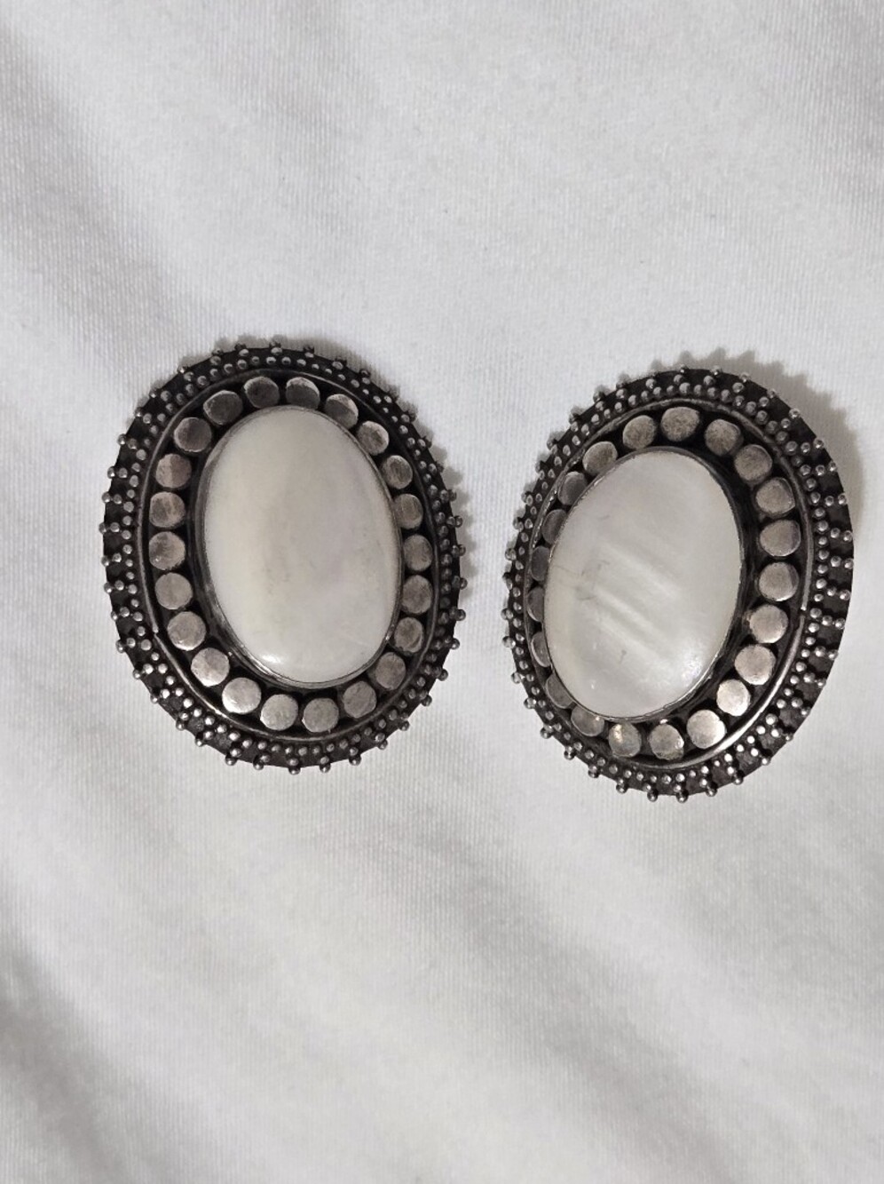 Vintage Mother Of Pearl Large Sterling Silver MOP Stud Earrings Oval Ornate Stat